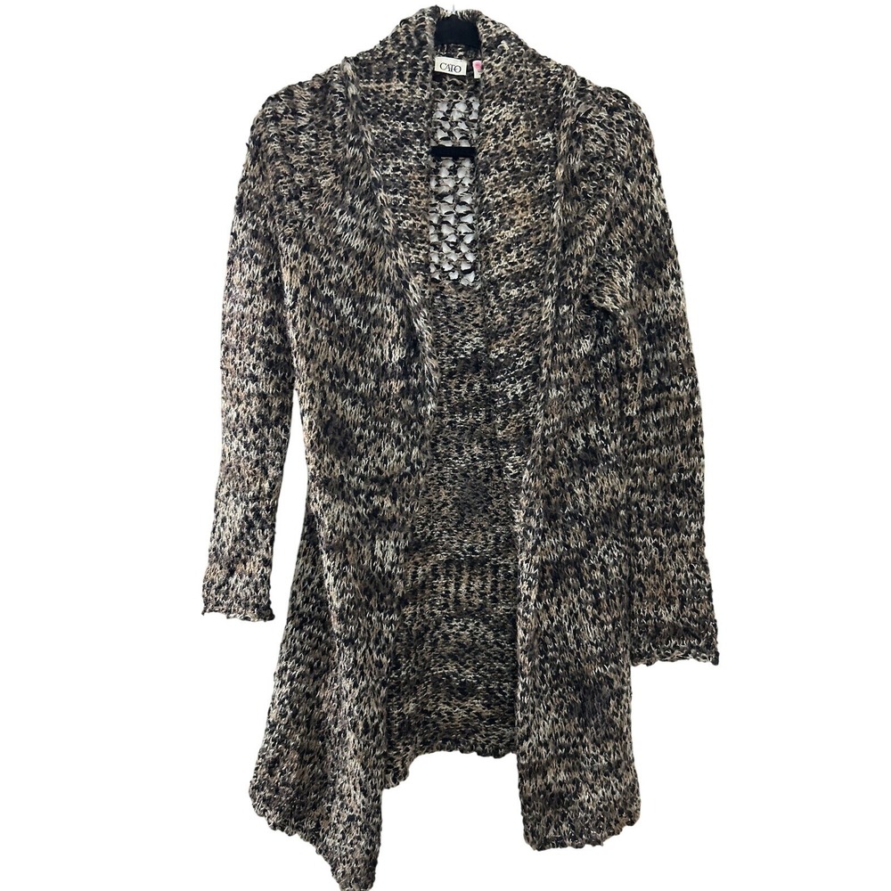 Cato Brown Black Space Dye Chunky Knit Open Front Cardigan Size M Longline - Picture 1 of 13